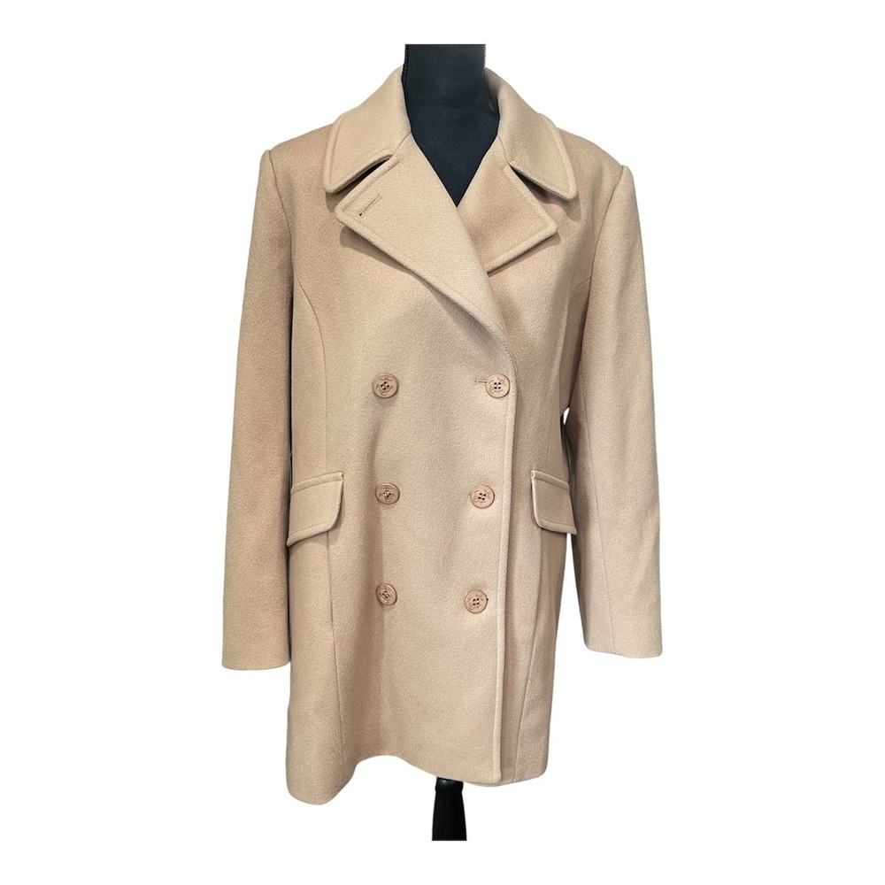 VTG Talbots Pea Coat W Sz 14 Beige Wool Mid Length Double Breasted Lined Career